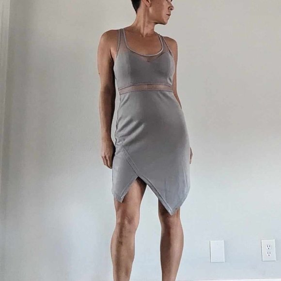 Grey mini dress with mesh and asymmetrical hem. S - Picture 1 of 9